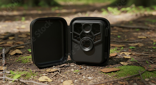 Black trail camera with open lid showing internal structure, mockup, blank spaces for text