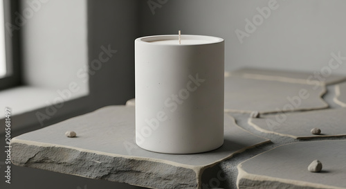 Minimalist white candle on textured stone slab mockup, blank spaces for text