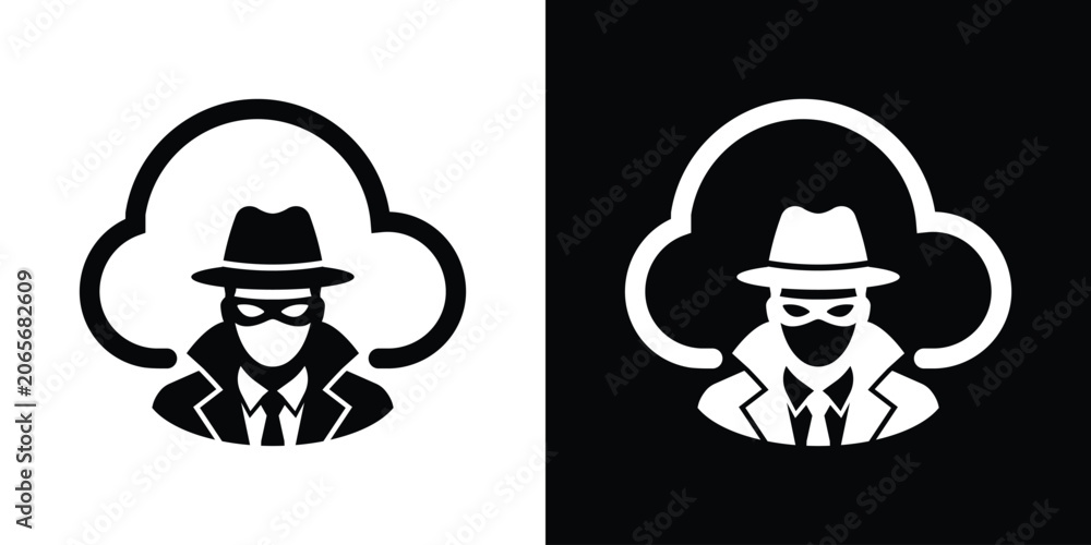 Obraz premium Cloud computing security breach vector illustration. Spy or undercover agent compromising data cloud icon.