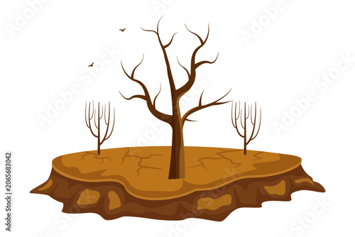 Fotografija Isolated cracked soil platform with leafless tree and barren landscape, drought
