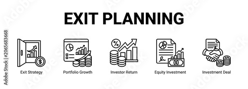 Bild auf Leinwand Exit Planning web banner icon concept, with Exit Strategy, Portfolio Growth, Investor Return, Equity Investment