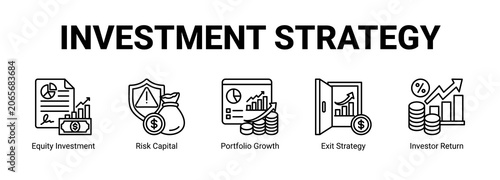 Foto Investment Strategy web banner icon concept, with Equity Investment, Risk Capital, Portfolio Growth, Exit Strategy