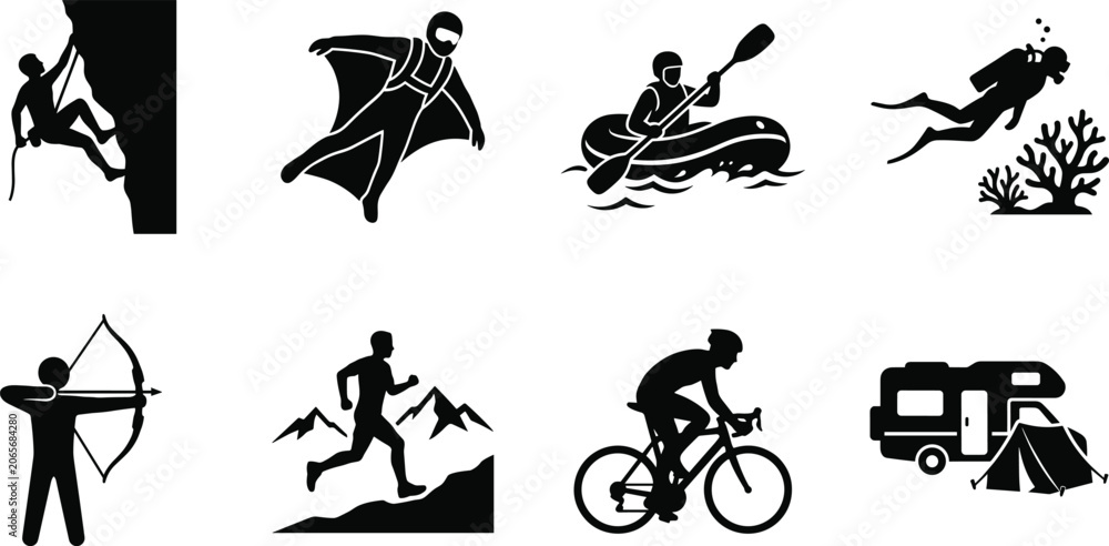 Fototapeta premium Extreme sports outdoor recreation adventure activities and camping travel black silhouette icons set isolated on white background