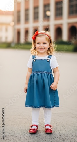 Happy little girl in denim dress smiling outdoors.