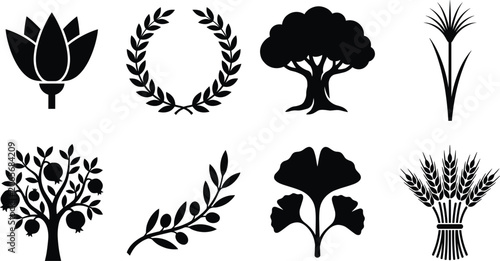 Photos Collection of botanical vector silhouettes featuring lotus laurel wreath pomegra