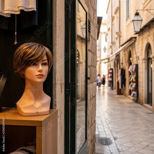 Woman standing in historic European alleyway.