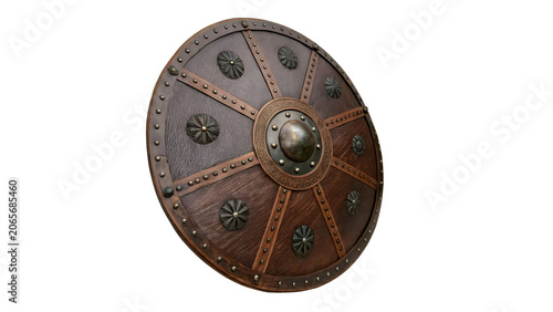 Bild auf Leinwand Historic medieval round metal shield with patterns isolated on a transparent bac