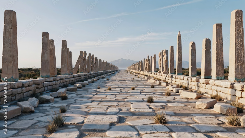 Obraz premium Ancient Ruins with Stone Path and Tall Standing Stones under Clear Sky