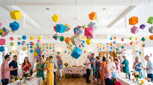 A Festive Celebration Scene with People Enjoying a Party Indoors with Colorful Geometric Decorations Hanging from the Ceiling Creating a Cheerful Atmosphere for Special Occasions and Gatherings