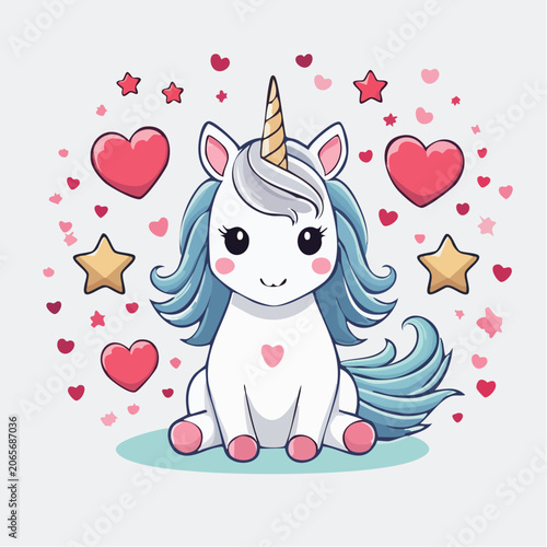 Cute Kawaii Unicorn Illustration with Hearts and Stars