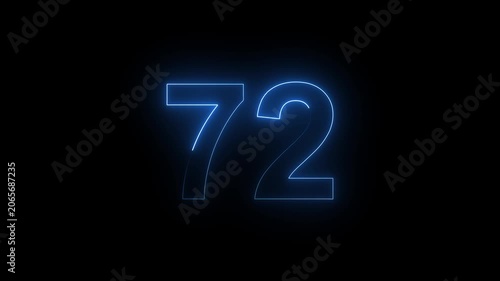 Neon Number 72 Animation with Glowing Electric Light Effect on Dark Background.