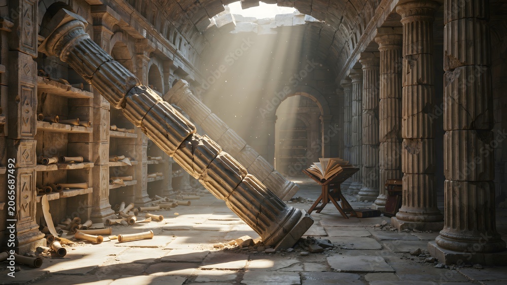 Naklejka premium Historic ancient library with fallen column and sunlight streaming through arched windows
