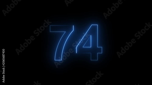 Neon Number 74 Animation with Glowing Electric Light Effect on Dark Background.