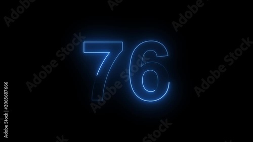 Neon Number 76 Animation with Glowing Electric Light Effect on Dark Background.