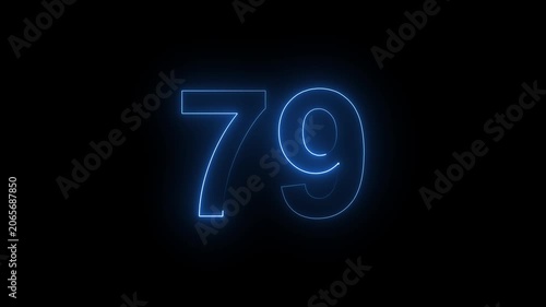 Neon Number 79 Animation with Glowing Electric Light Effect on Dark Background.