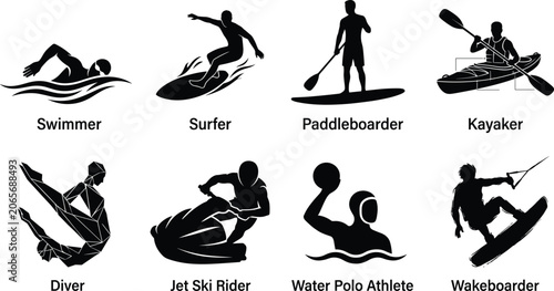 Konstfotografi Water Sports Silhouette Icon Set Featuring Swimming Surfing Kayaking and Extreme