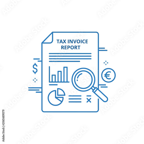 Detailed tax invoice report with data visualization icons.