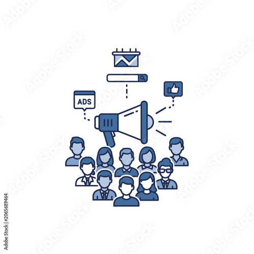 Digital marketing campaign with megaphone and target audience.