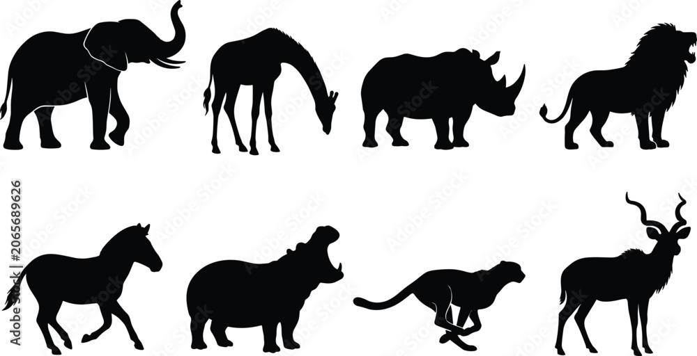 Fototapeta premium Elegant African Wildlife Silhouettes Featuring Elephant, Giraffe, Lion, and Other Safari Animals