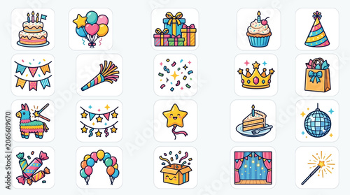 Colorful birthday party celebration icons set.