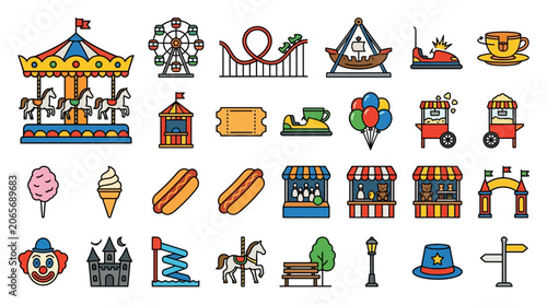 Colorful amusement park icons set.