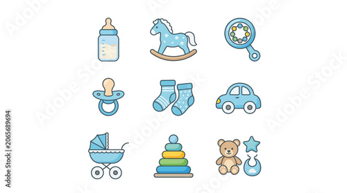 Baby items and toys collection.