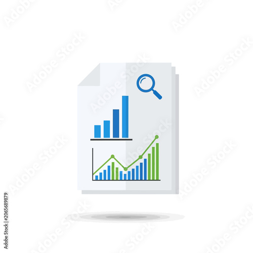 Document analysis icon with magnifying glass and statistical graphs.