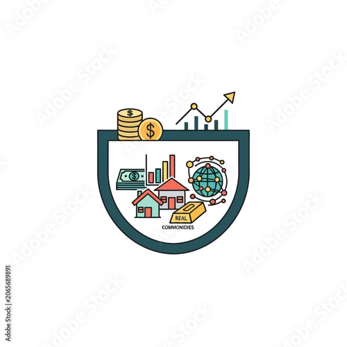 Diversified investment portfolio concept within a shield frame.