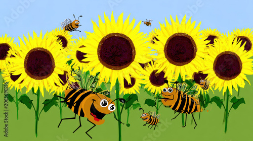 Chummy, Cartoon bees happily dancing on vibrant sunflowers in a cheerful outdoor scene.