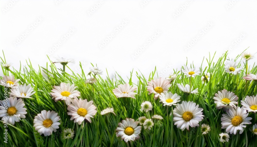 Fototapeta premium a vibrant fresh spring green grass lawn edge border adorned with daisy flowers isolated out against a white background