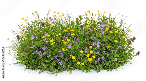 Lush meadow grass with yellow and purple spring flowers