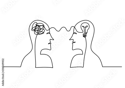 Slika na platnu Communication connecting two human head profiles, one with confused tangled thou