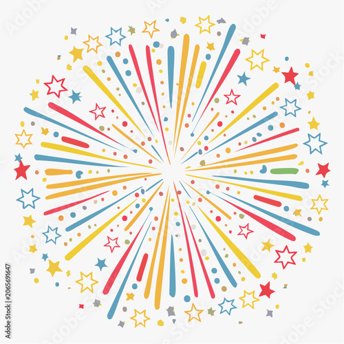 Colorful Fireworks Explosion with Stars and Confetti