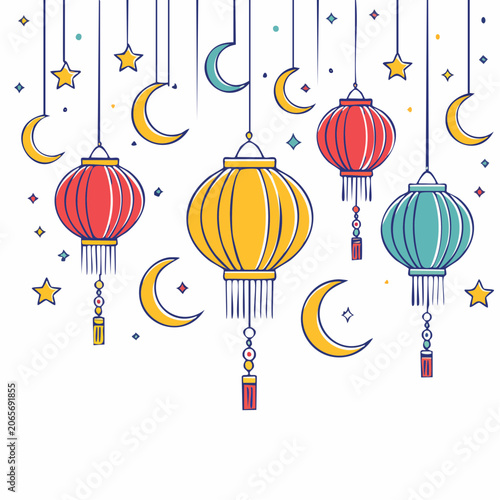 Hanging Lanterns and Crescent Moons Illustration