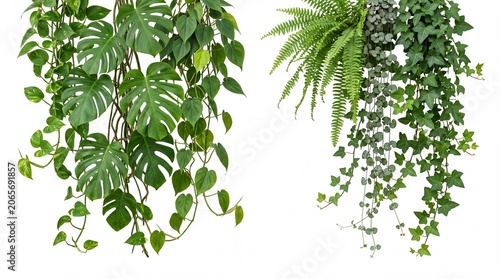 Hanging tropical green plants and ferns for home decor