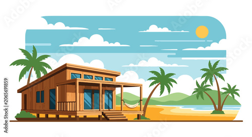 Flat style vector illustration of a beach house with palm trees and beach scenery under sunny sky. Perfect for travel, resort, tourism and coastal themes