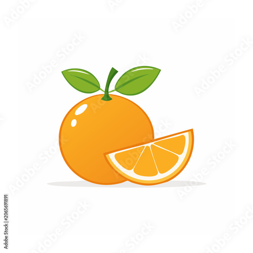 Orange with Slice and Green Leaves Flat Illustration