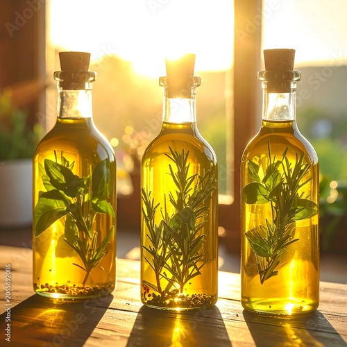 Three glass bottles of yellow liquid with green herbs on a wooden table
