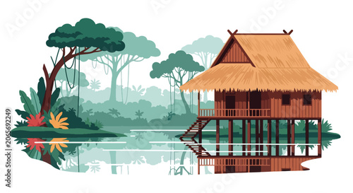 Flat style vector illustration of a traditional stilt house above water river or lake with tropical landscape. Perfect for culture, heritage and village themes