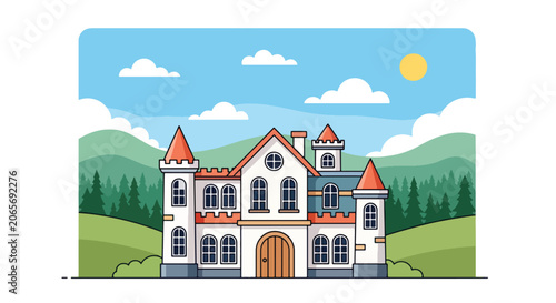 Cuadro en lienzo Flat style vector illustration of a fantasy castle with towers under sunny sky