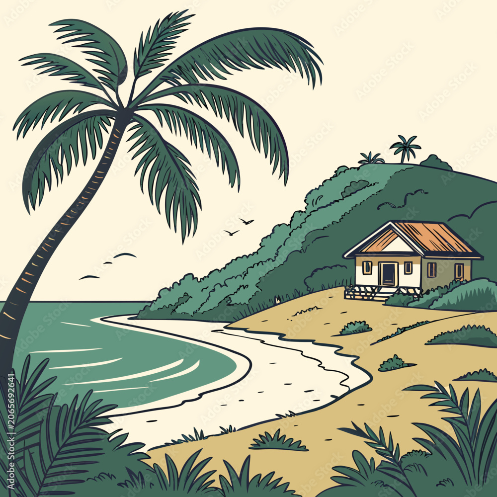 Obraz premium A tropical island with house on the beach and palm tree vector image.
