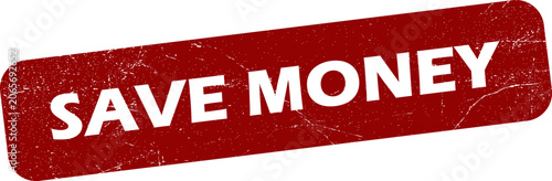 Red save money stamp on white background with scratched texture