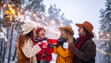 Friends in cowboy hats toasting mugs in snowy forest with fairy lights