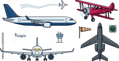 Obraz na płótnie Airplane vector set with commercial airliner passenger jet vintage red biplane p