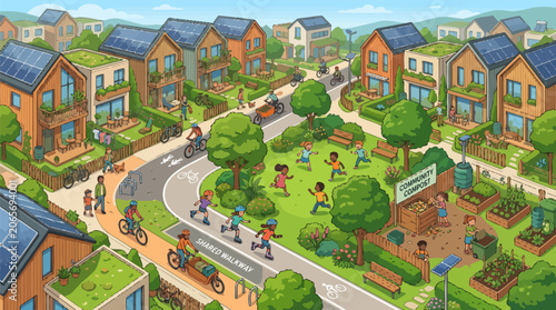 Eco-friendly sustainable neighborhood with communal green space, sustainability