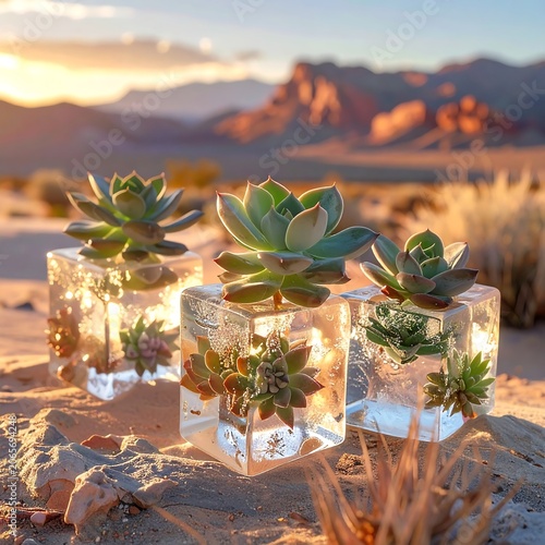 Three glass cubes containing small succulents in a desert landscape at sunset