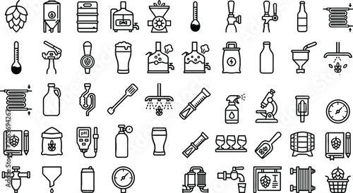 Photos Craft Beer Brewery and Commercial Brewing Equipment Line Icon Set Featuring Ferm
