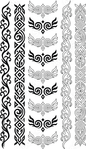 Tribal Border Ornaments and Winged Elements Vector Set, Celtic Nordic Pattern Borders and Swirl Tattoo Designs Collection.