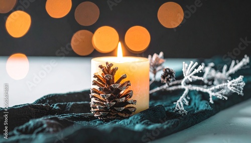 Lit candle with pine cone and frosted branch on dark fabric