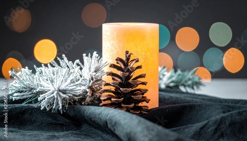 Warm candle with pine cone and frosted branches on dark fabric